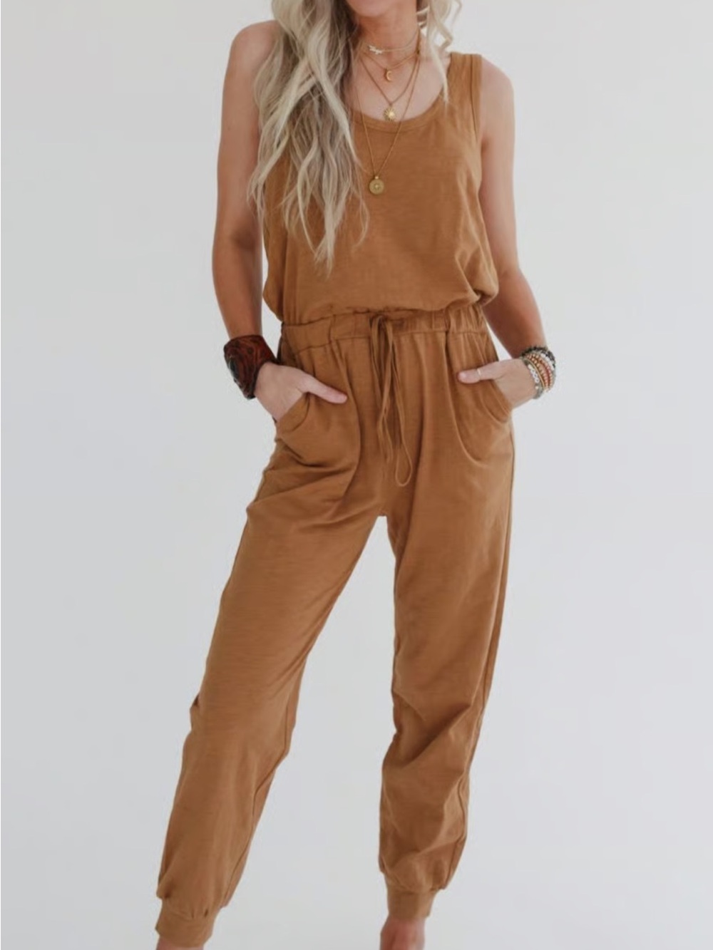 Three Bird Nest Camel Sleeveless Jogger Jumpsuit